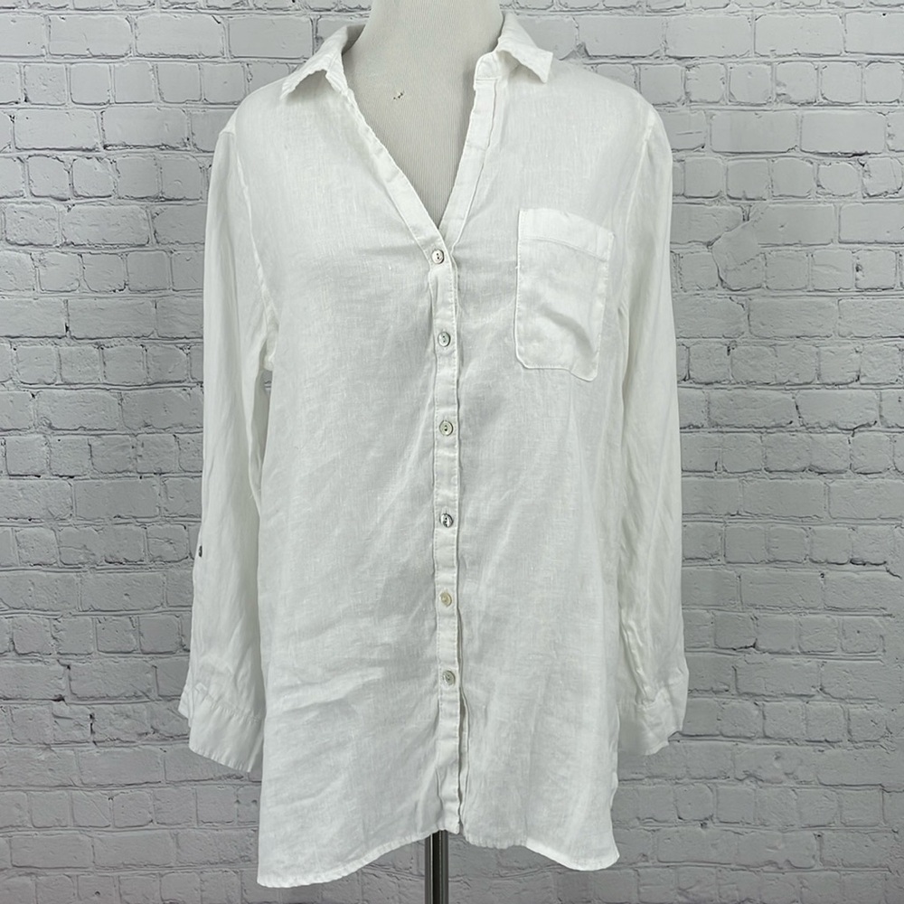 Beachy White Button Down 100% Linen Lightweight C & C California Basic Top